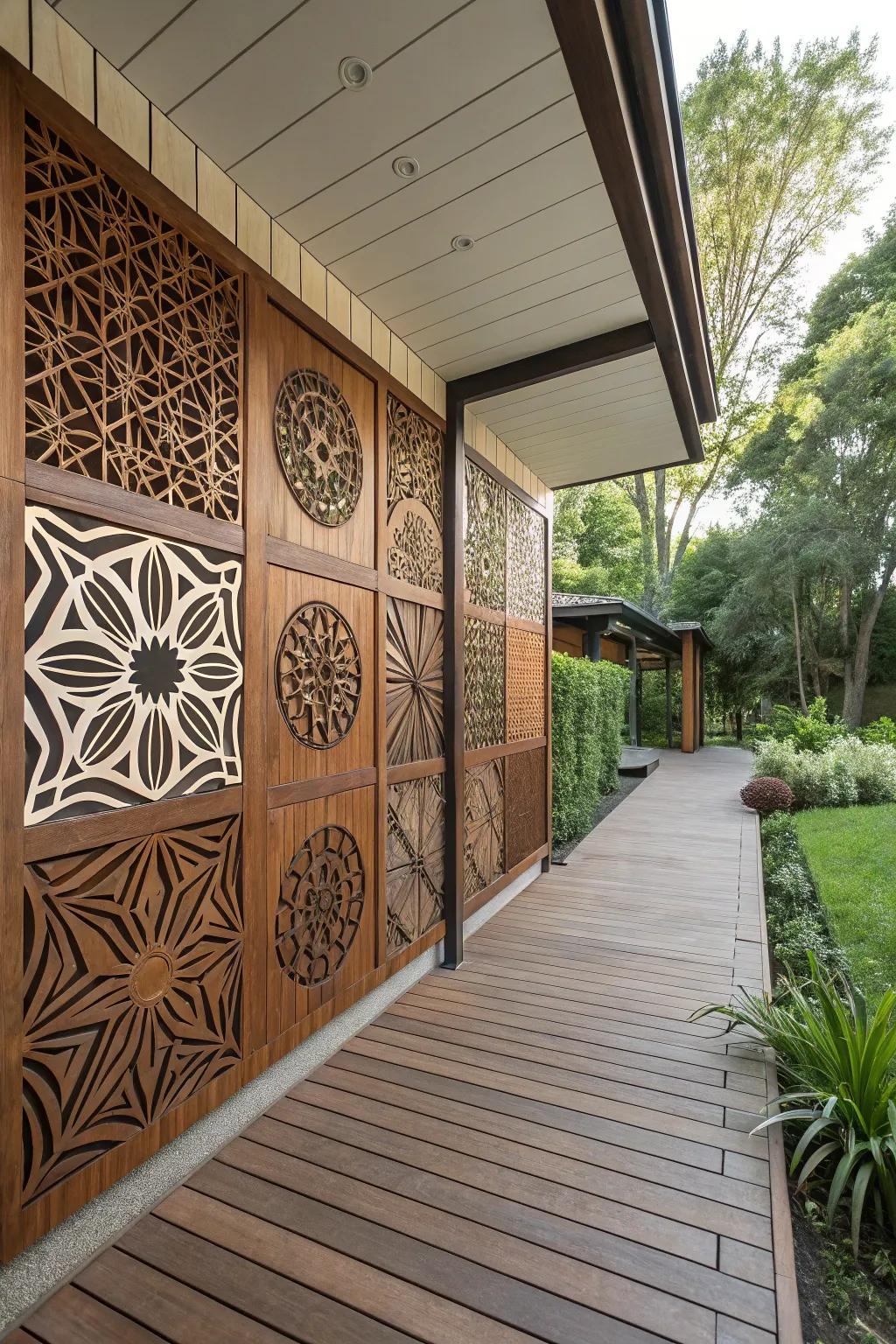 A modern patio backdrop featuring geometric timber panelling art.