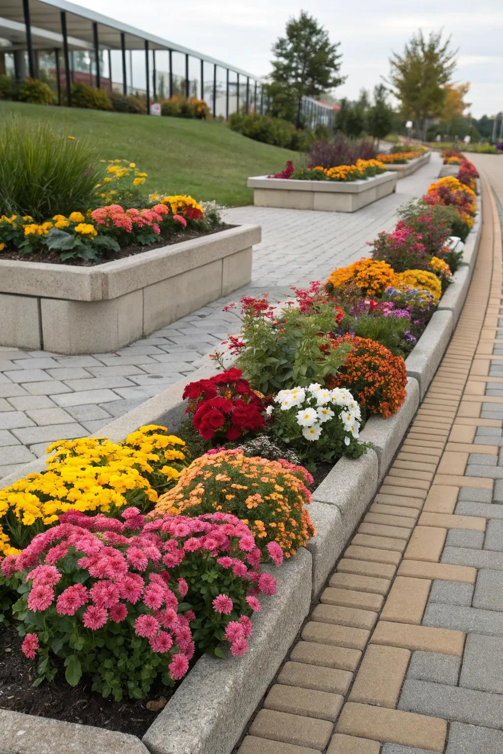 Spotlight time-of-year flowers using colorful paver beds.
