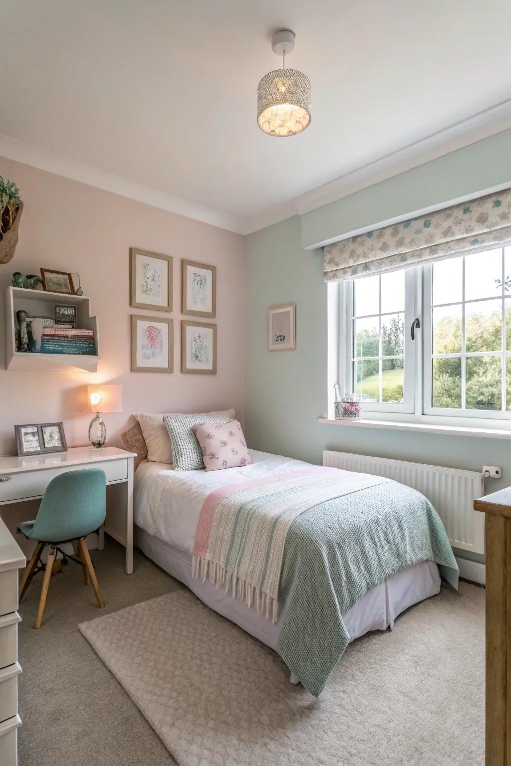 Soft-colored walls in a bedroom that contribute to a serene and tranquil environment.