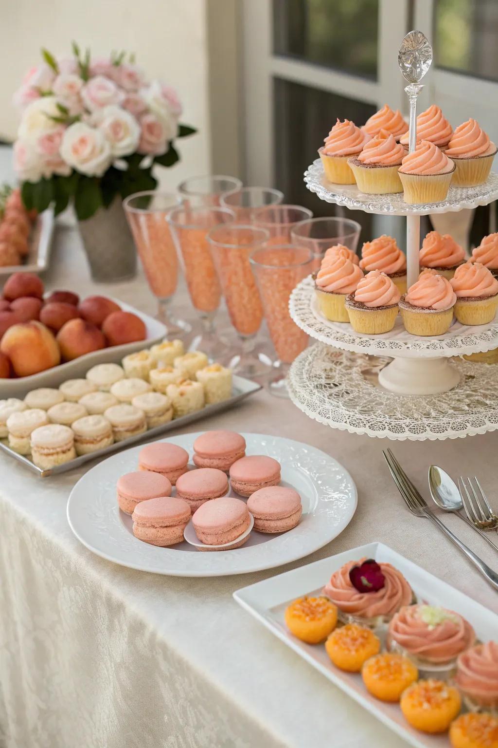 A delightful dessert presentation themed with peach to wow your guests.