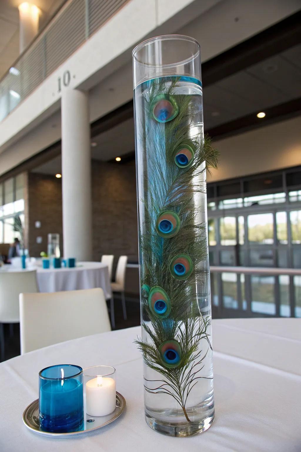A striking soaring centerpiece exhibiting pheasant plumes.