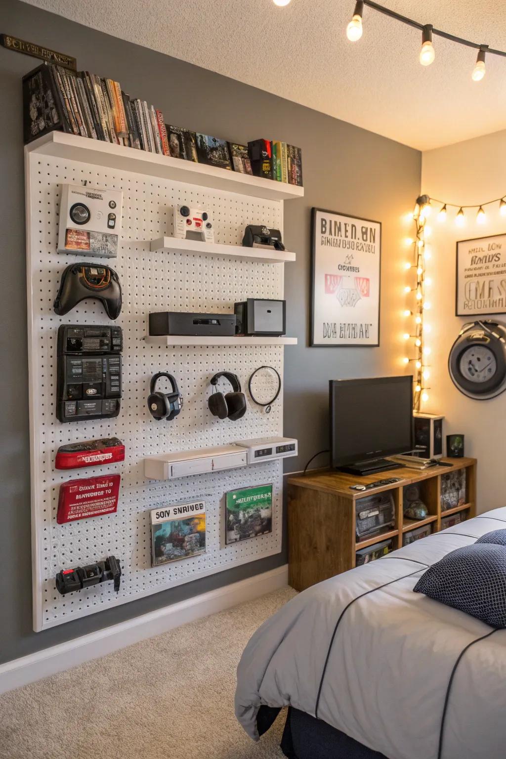 Maintain organized gaming gear with a pegboard.