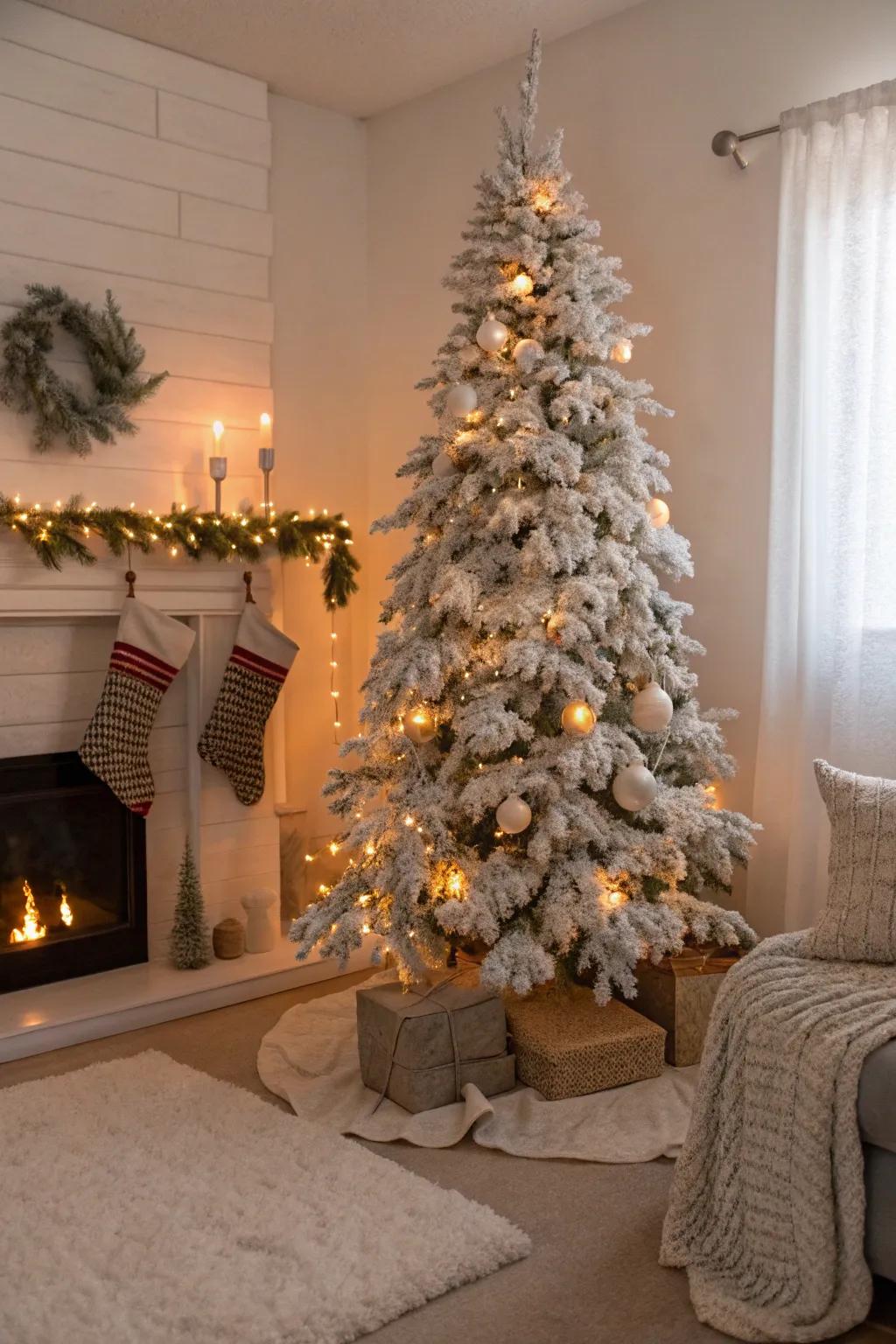 Flocked slender Christmas tree with a snowy, magical look.