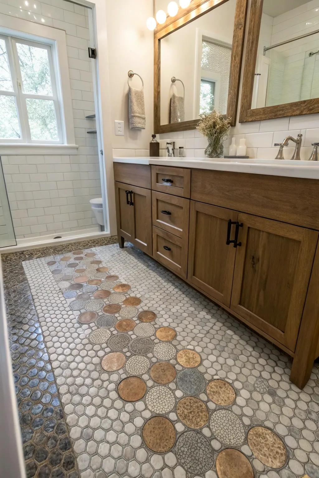 Mixing and matching surface characteristics with penny tiles for additional depth.