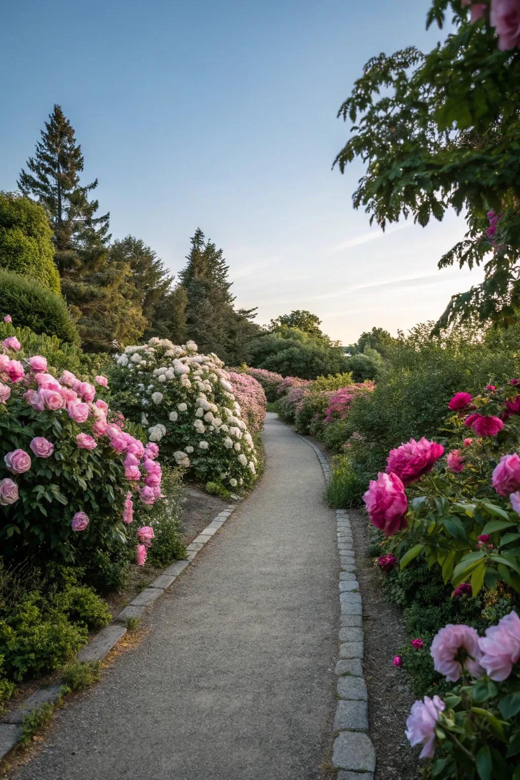 Peonies bordering a trail, fashioning an enchanting garden journey.