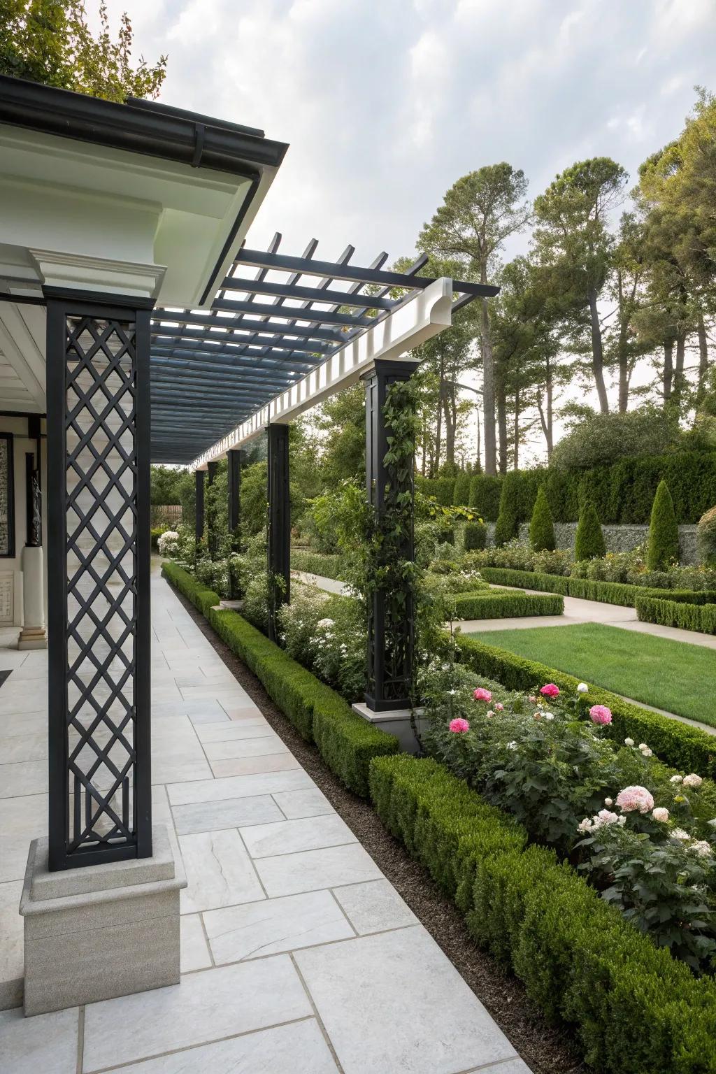Streamlined and vintage elements blend seamlessly in pergola design.