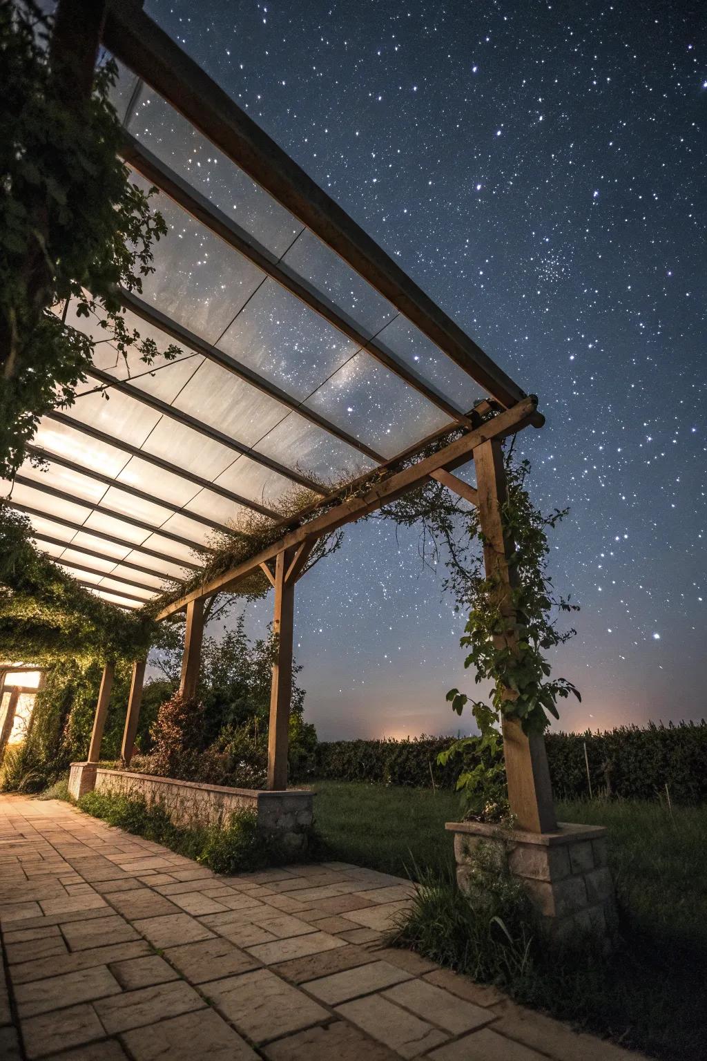 The night sky can be seen clearly through a transparent roof.