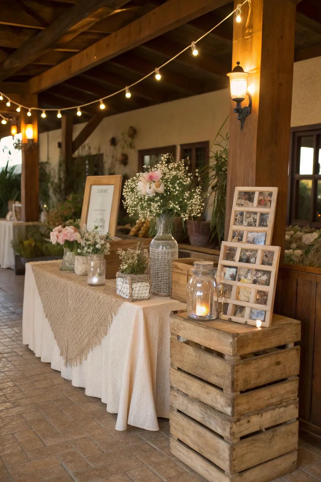 Country chic elements create a cozy and inviting photo booth.