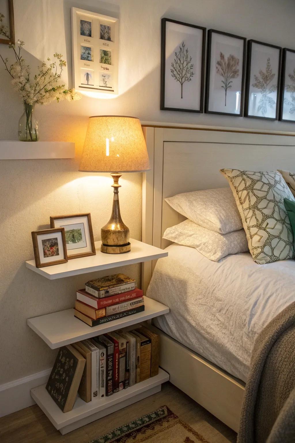 A display ledge as a bedside table replacement saves area.