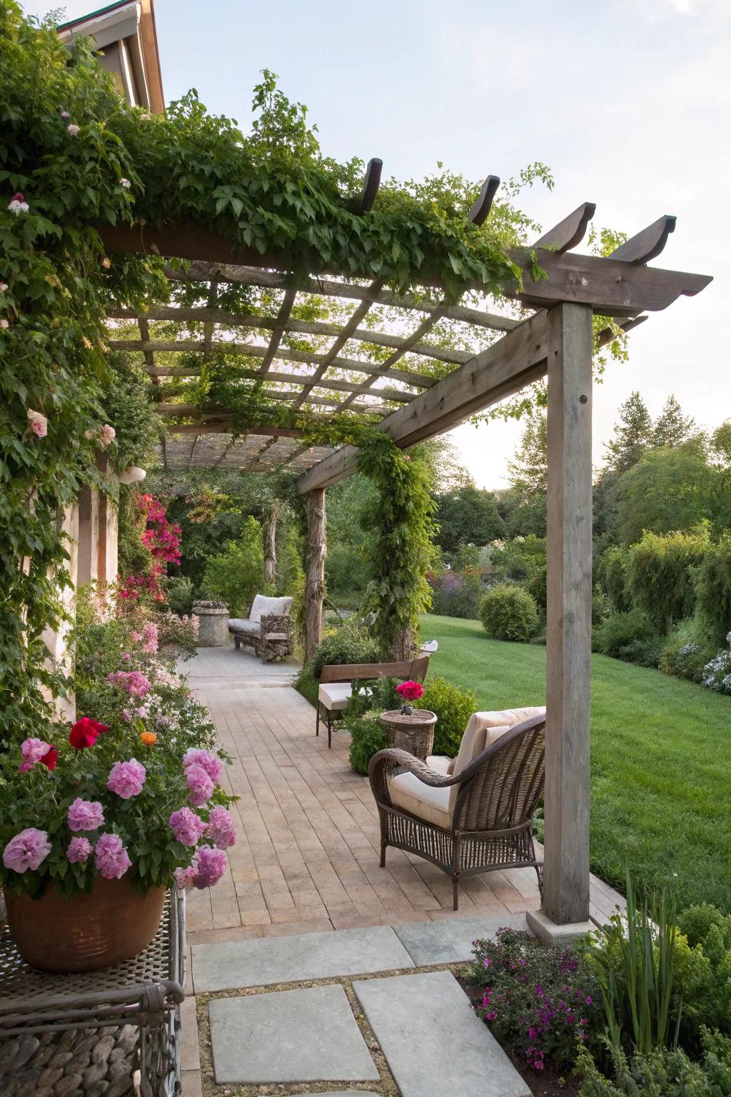 A pergola-inspired arbor bridges indoor and outdoor spaces beautifully, creating a cohesive and inviting area.
