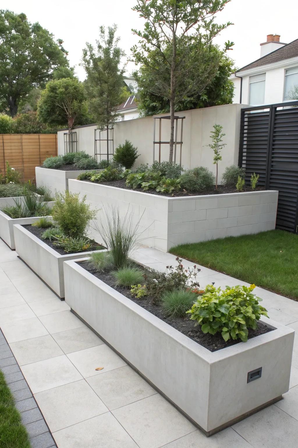 Achieve a modern aesthetic with sleek concrete raised flower beds.