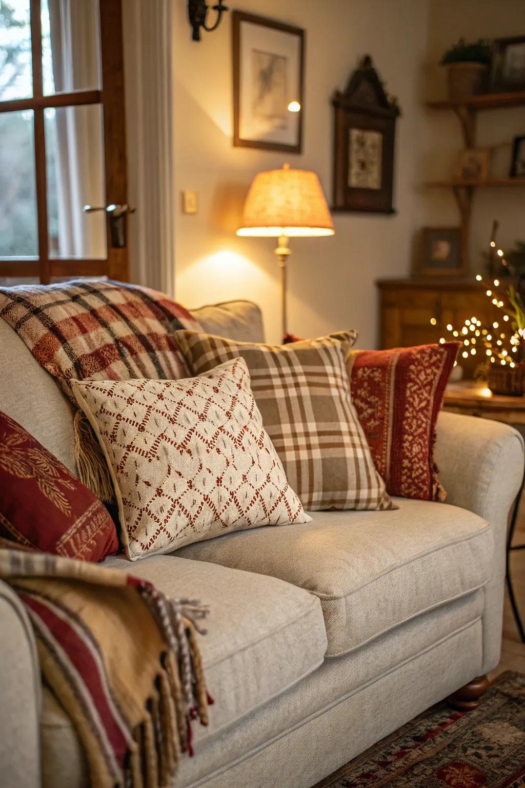 Vintage cushions contributing charm and historical flair.