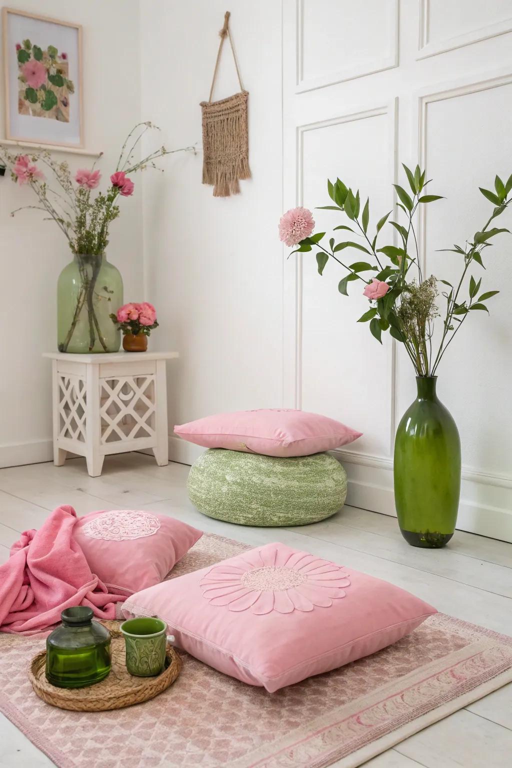 An elegant look is designed with minimalist pink and green decor.