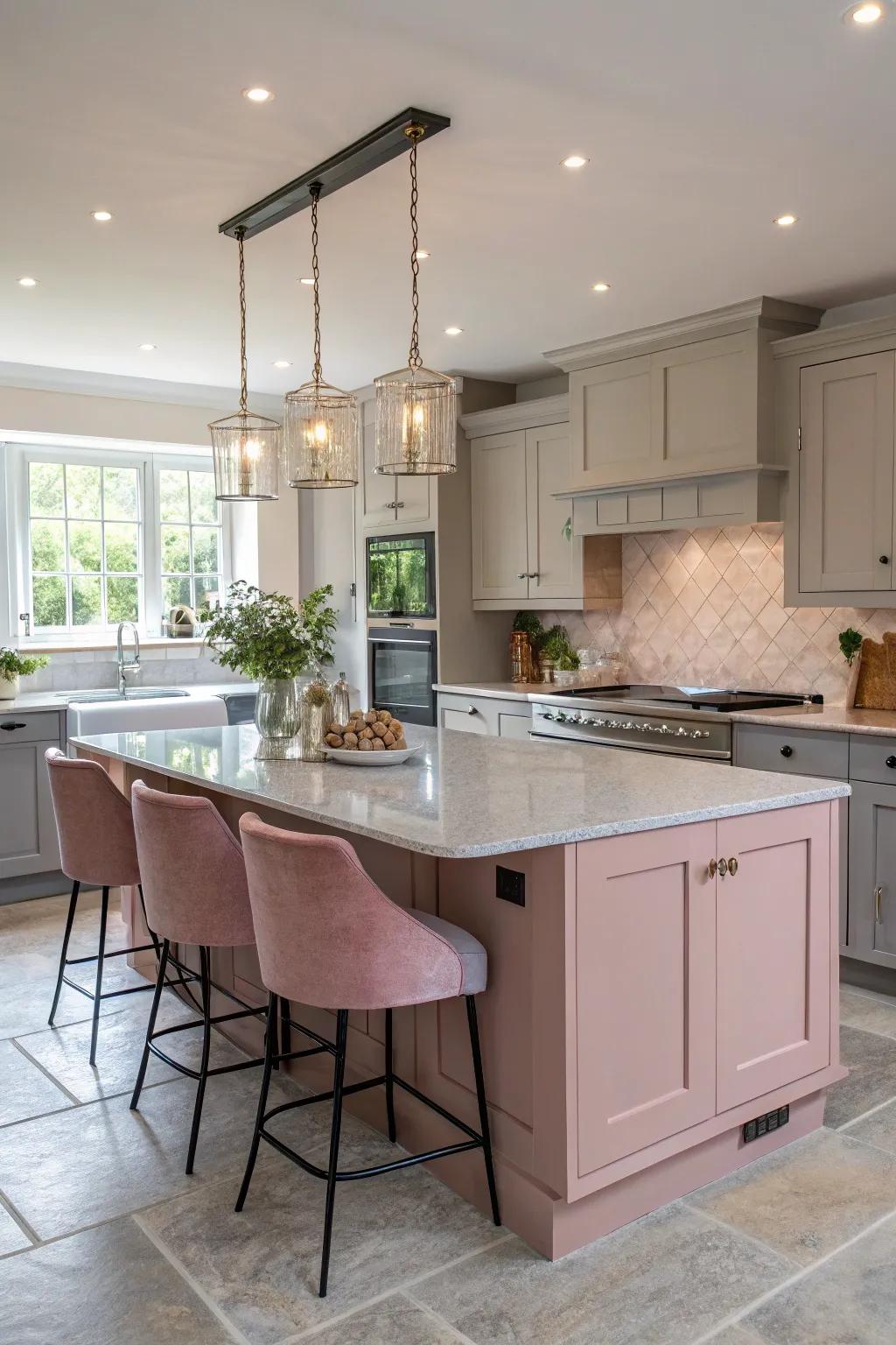A striking rose and silver isle serving as the cooking area's core.