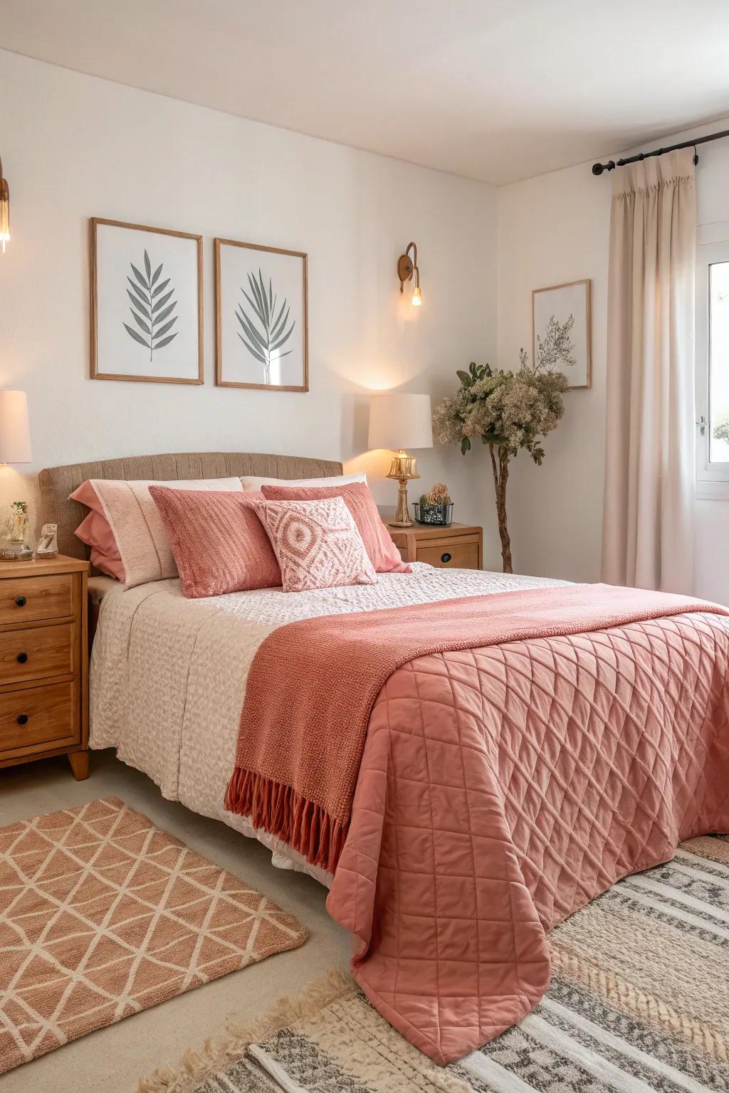 Coral and ivory kiss tones bring vitality and balance to your bedroom.