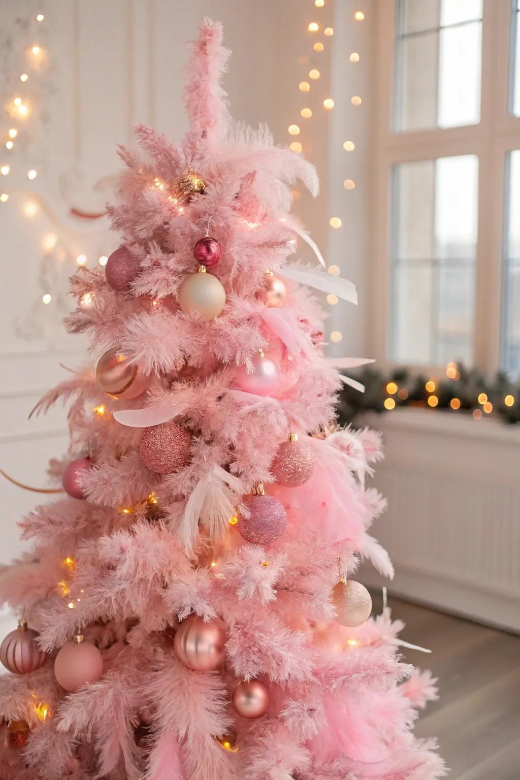 Feather garlands introduce a hint of whimsy to this sophisticated fir.