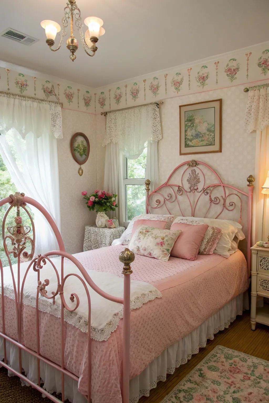 A vintage and romantic bedroom starring a pink wrought iron headboard.