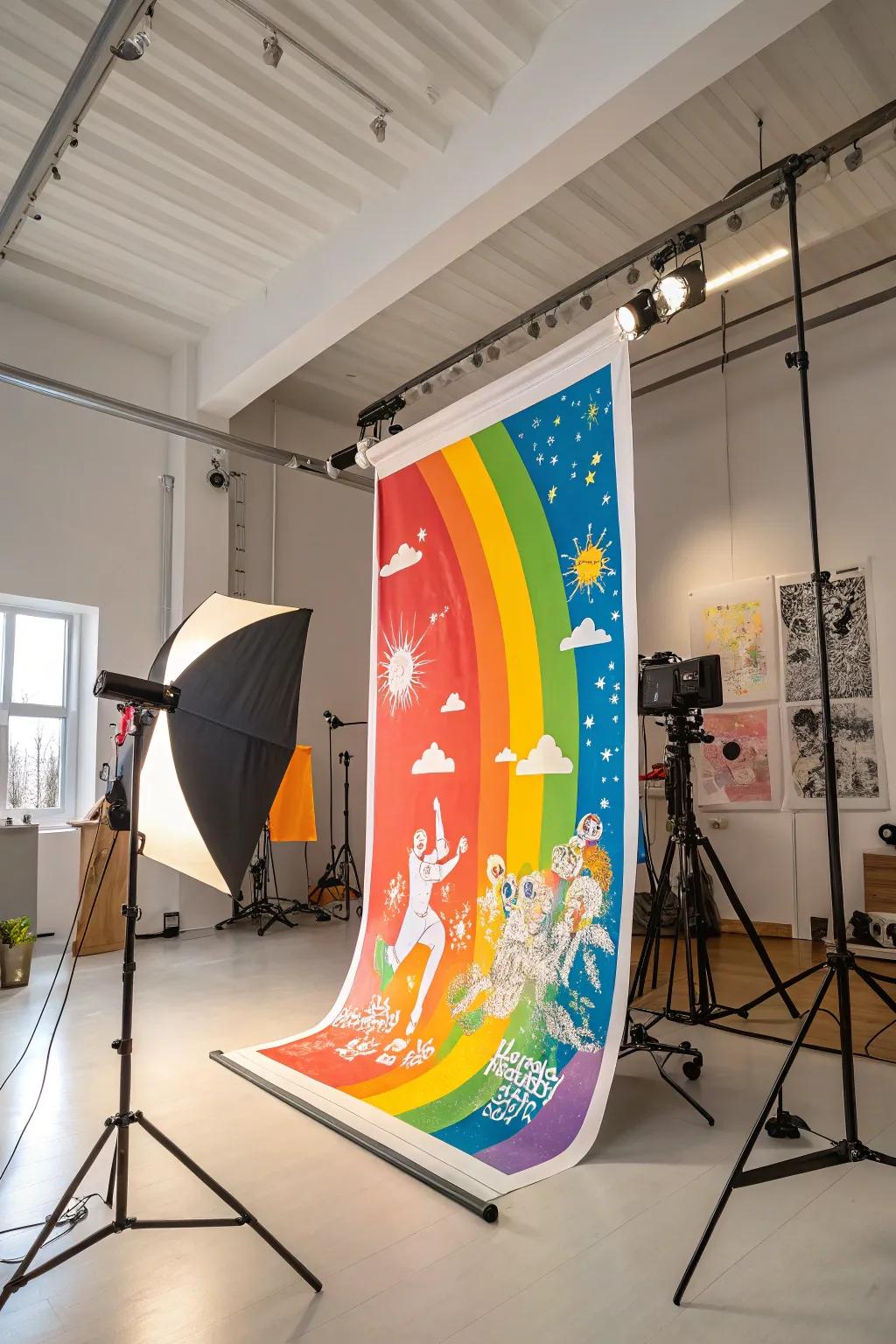 A rainbow poster sparking creativity in a vibrant studio.