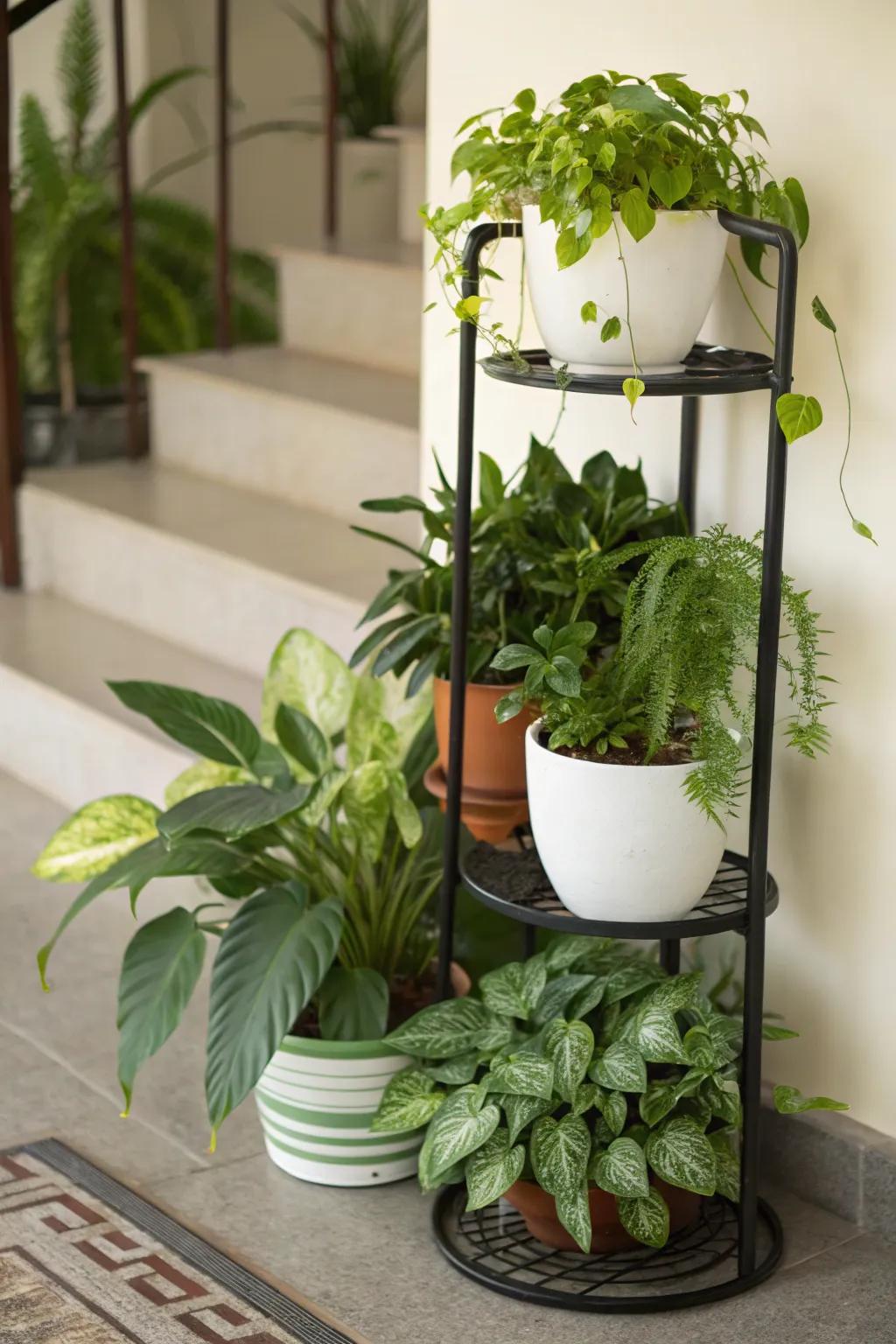 A layered stand beautifully organizes plants.
