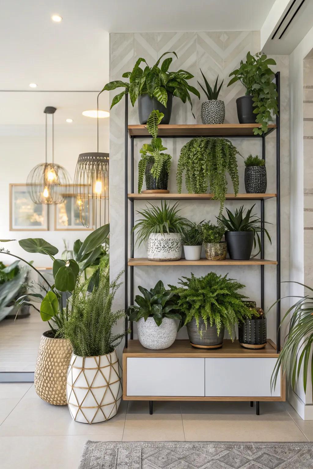 An artistic plant shelf arrangement creating visual appeal.
