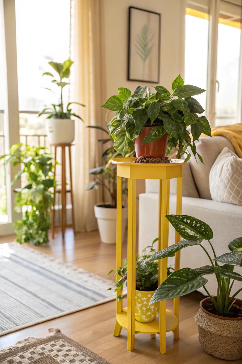Introduce energy with vibrant, colorful plant stands.
