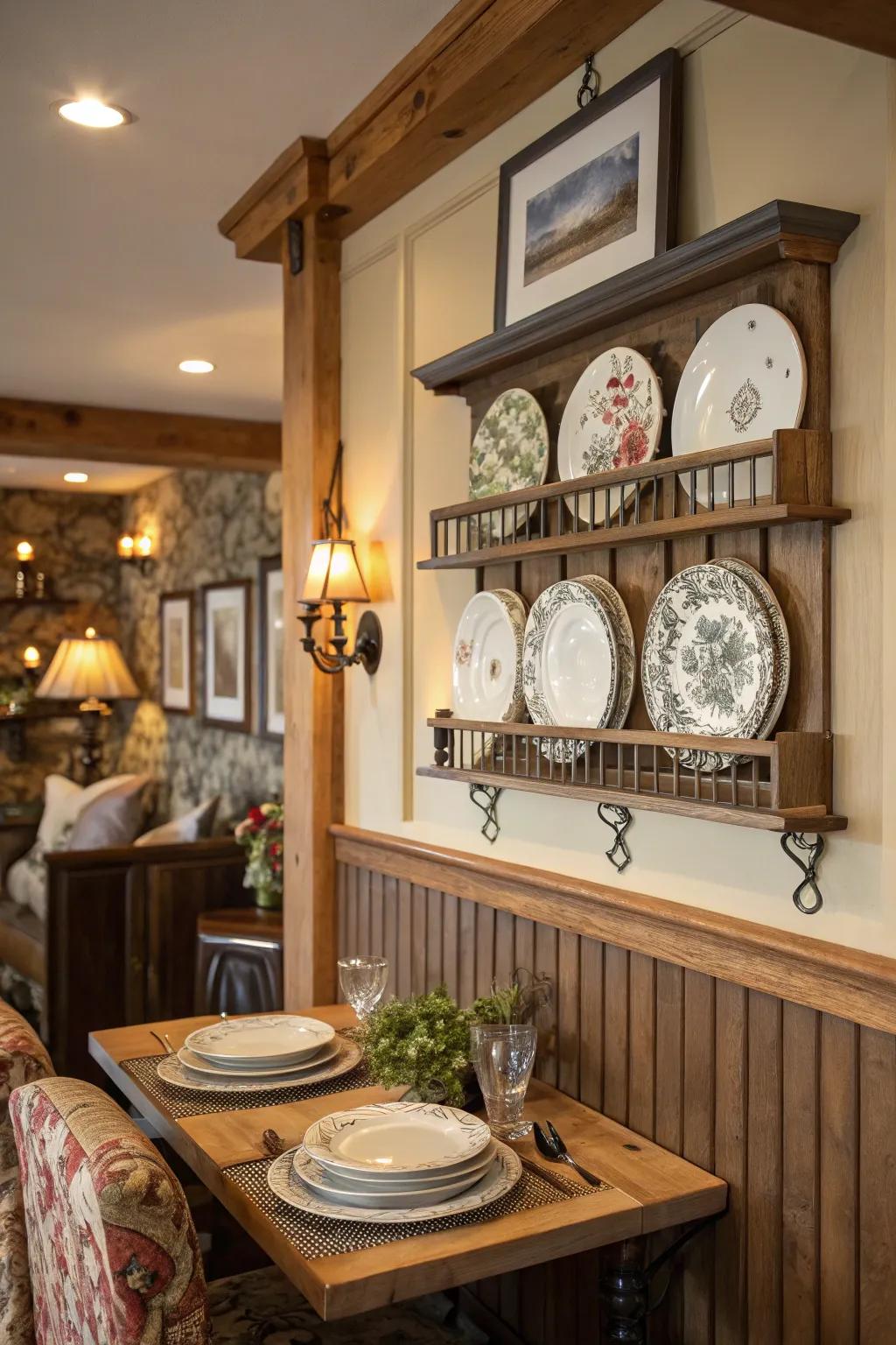 An eating area showcasing a textured plate rail display