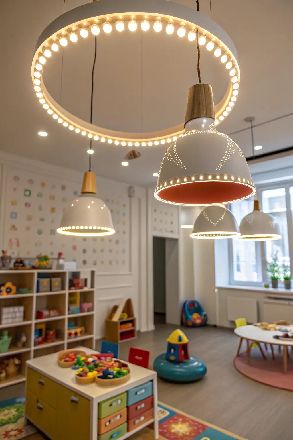 Distinctive lighting creates atmosphere in the playroom.