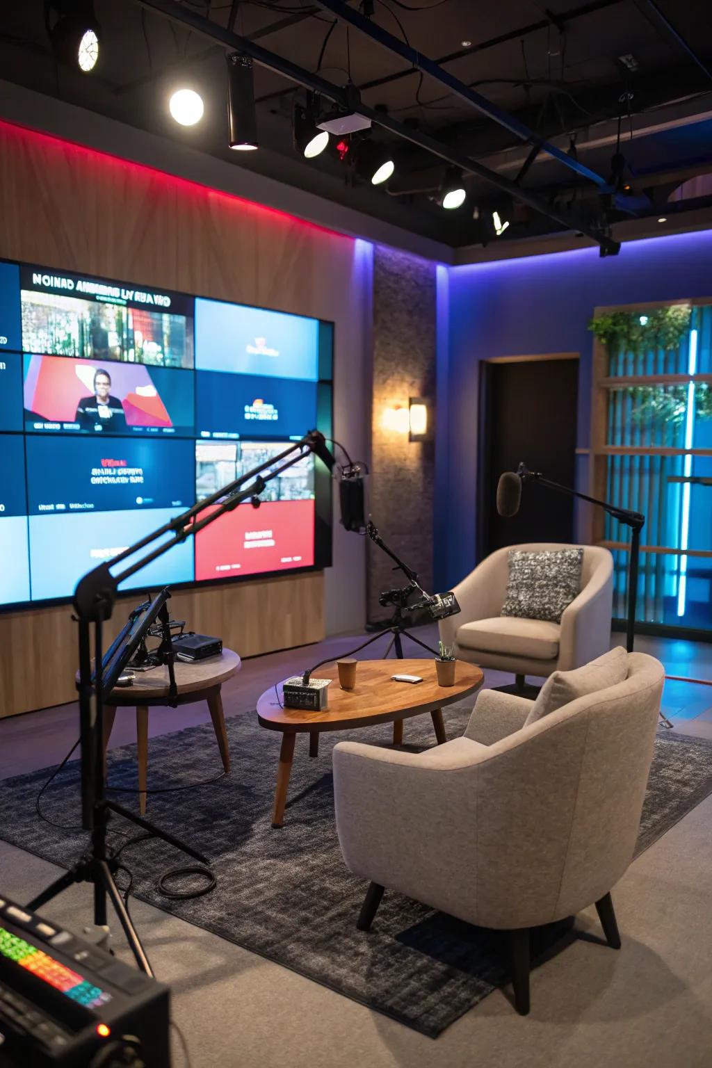 A podcast studio featuring a dynamic digital backdrop.