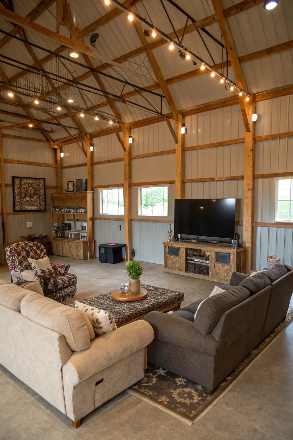 A family fun zone inside a pole barn featuring a TV area and comfy seating.