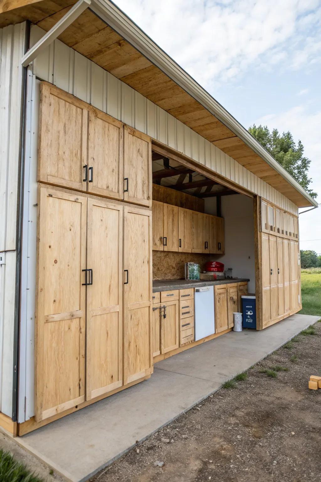 Old cabinets find new purpose as storage options in a pole barn.