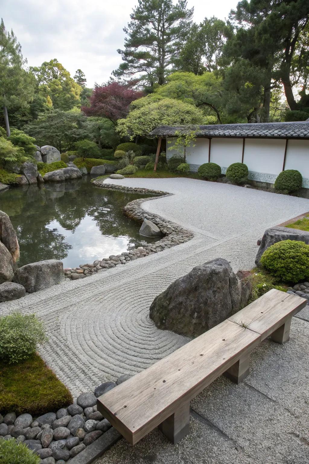 Zen rock garden seating delivers a meditative space by the pond.