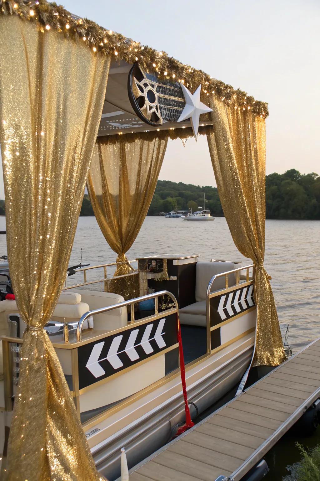 A pontoon boat with a movie town theme, shimmering with elegance and sparkle.