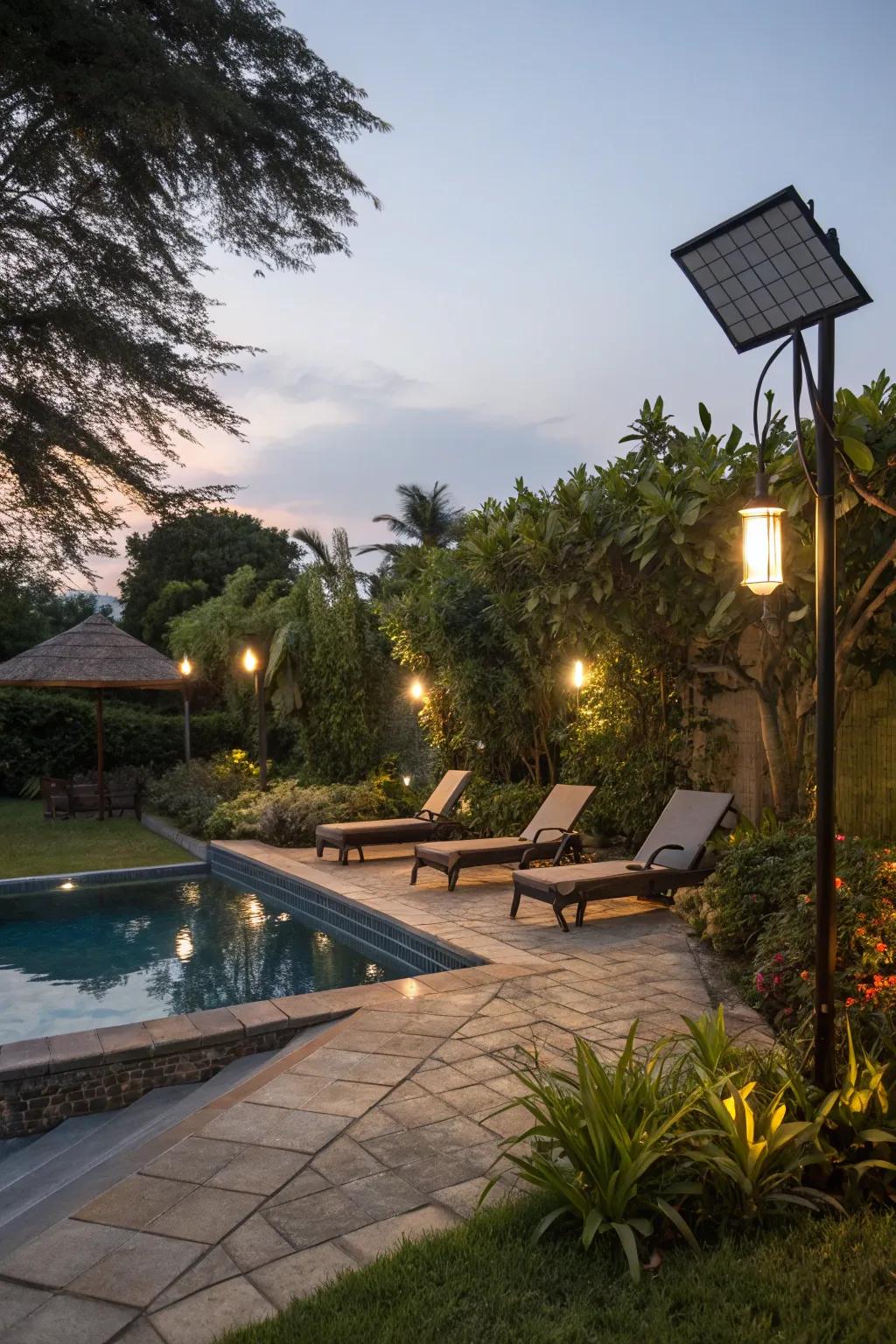 Solar illuminations tender sustainable brightening for your pool vicinity.