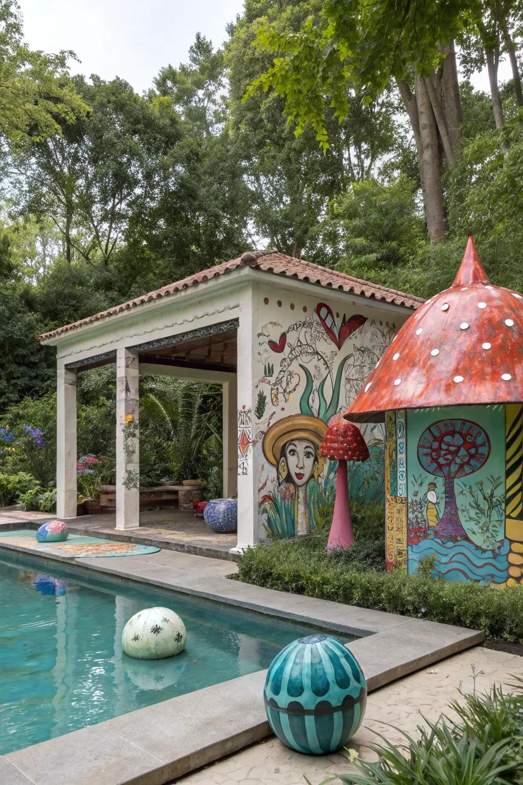 A creative hideaway cabana with vibrant decor and unique sculptures.
