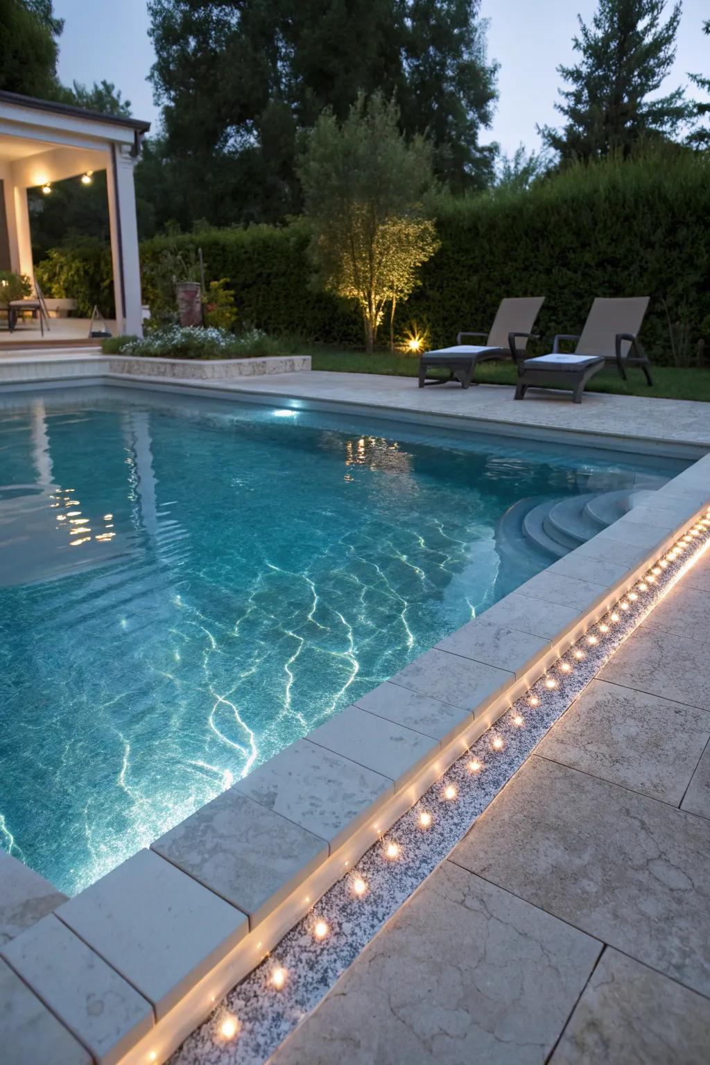 LED lighting in border enhances nighttime poolscapes.