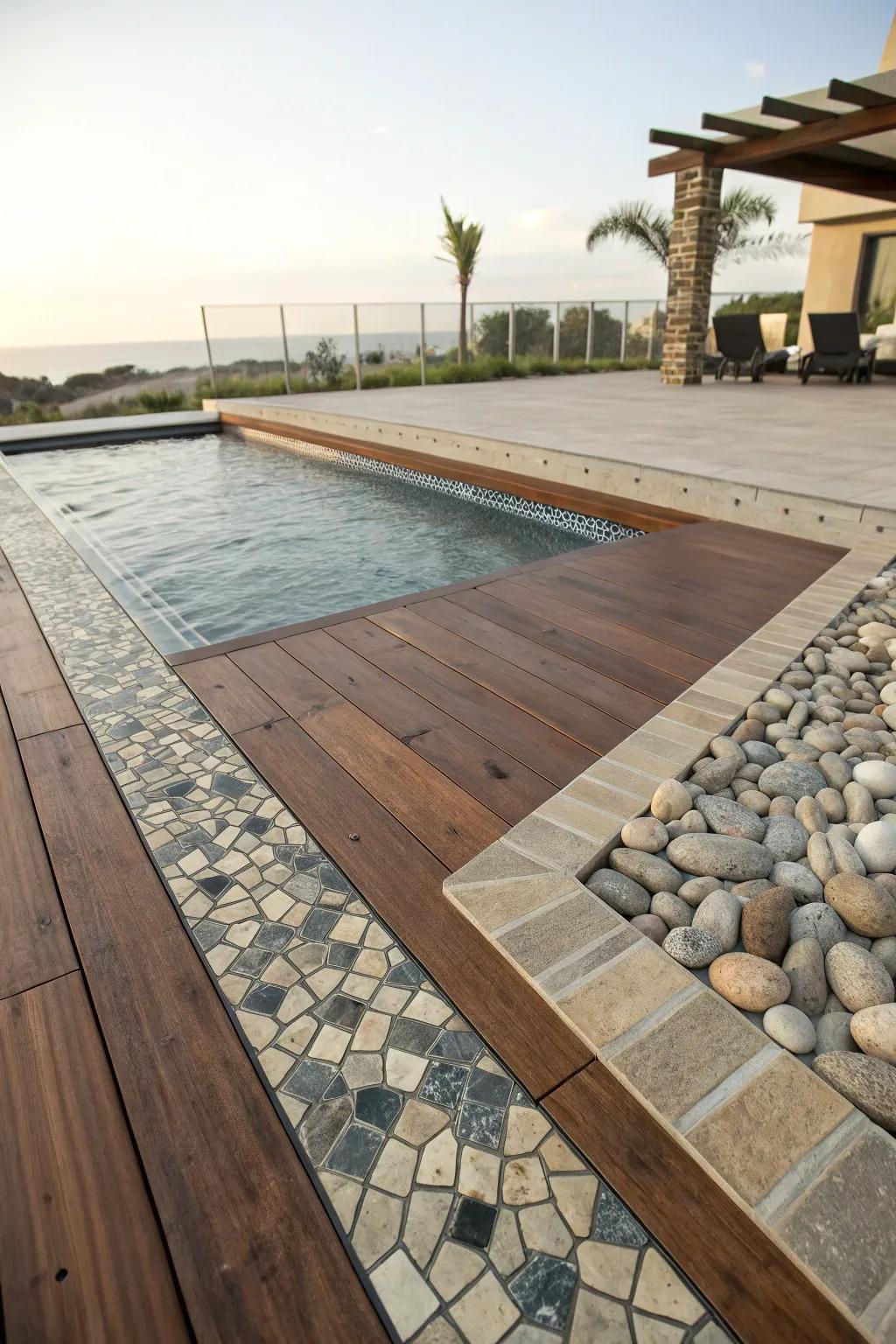Blending materials adds texture and interest to pool platforms.
