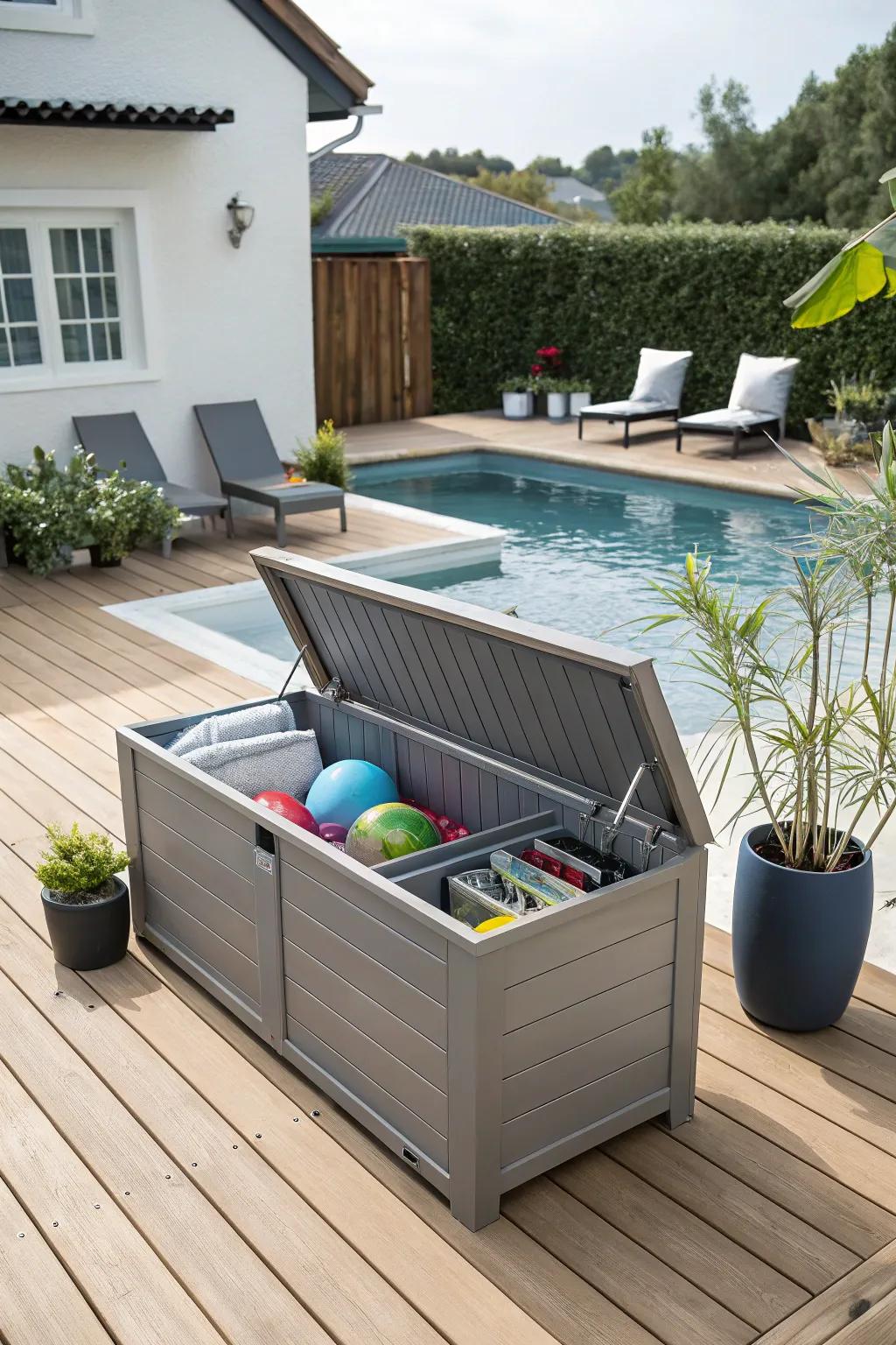 Terrace bins propose low-key warehousing concurrent with supplemental seating provisions.
