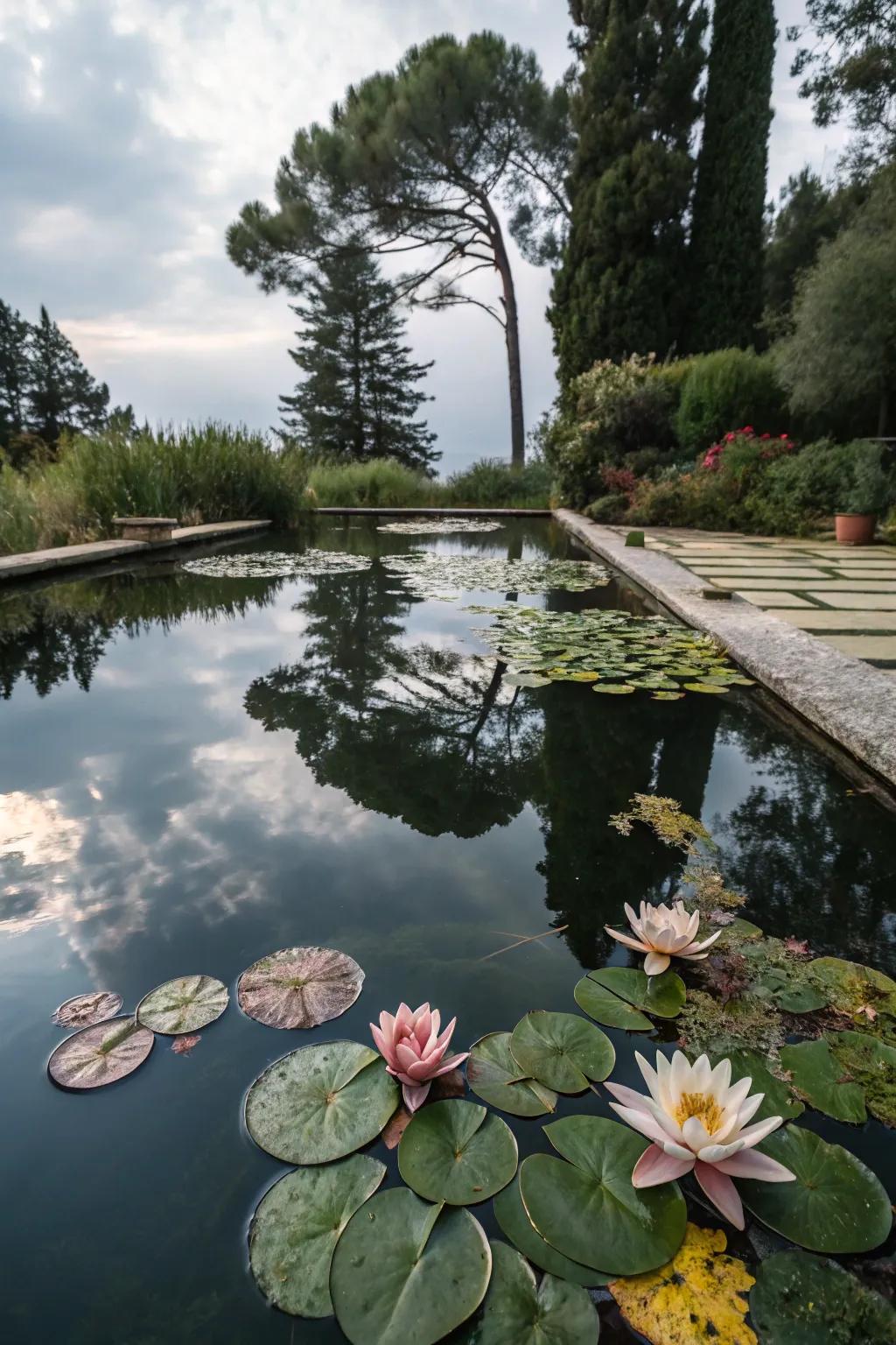 A pool pond displaying eye-catching drifting flora.