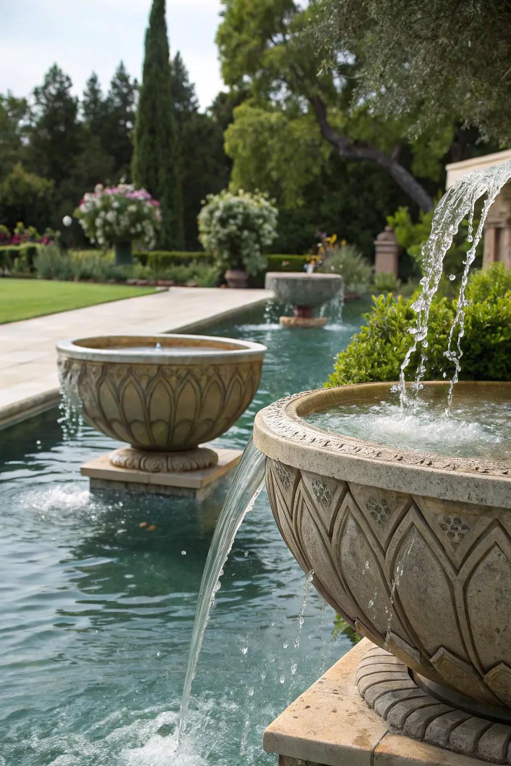 Water basins add timeless elegance and soothing sounds.