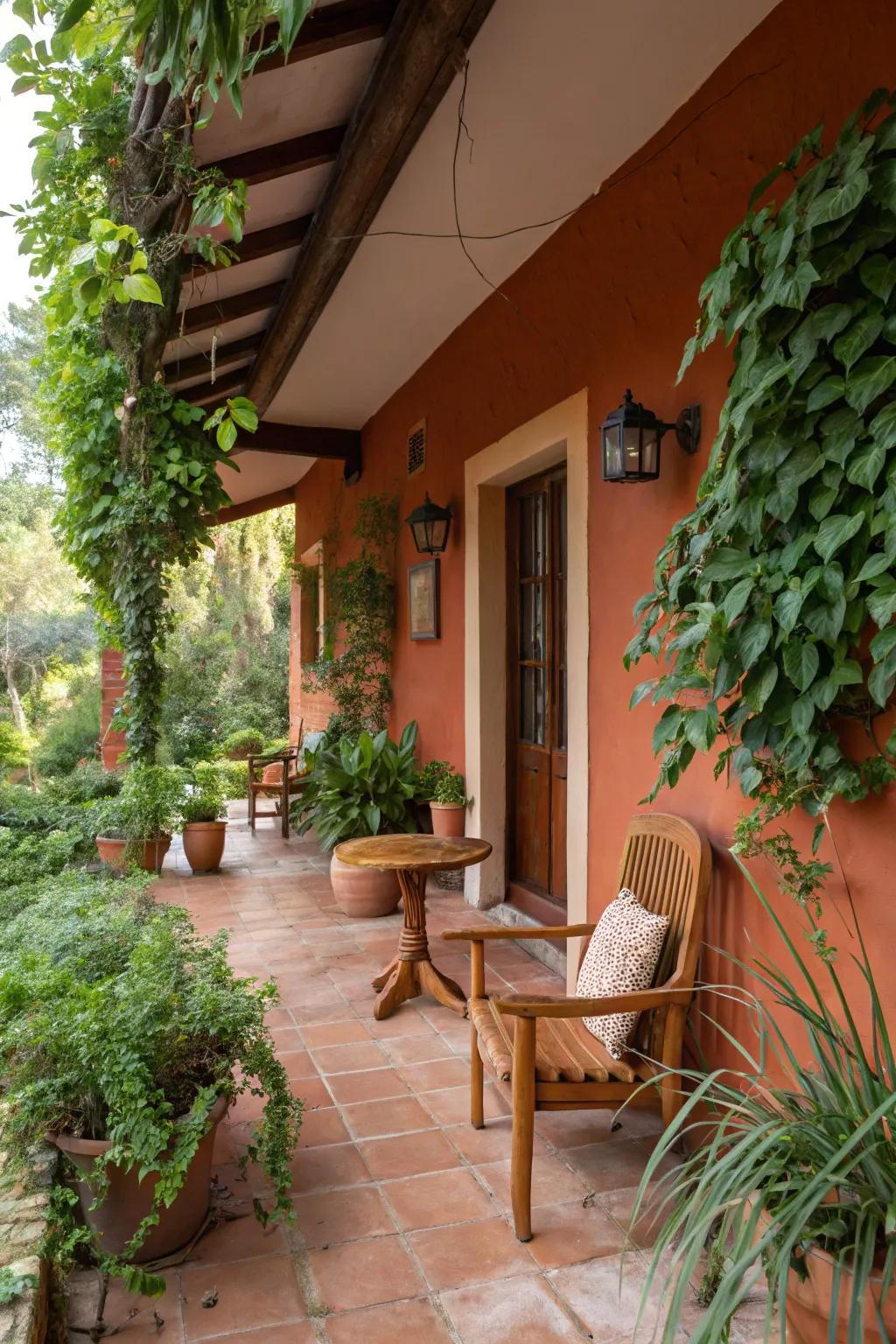 An earthenware veranda that provides a snug and earthy ambiance.