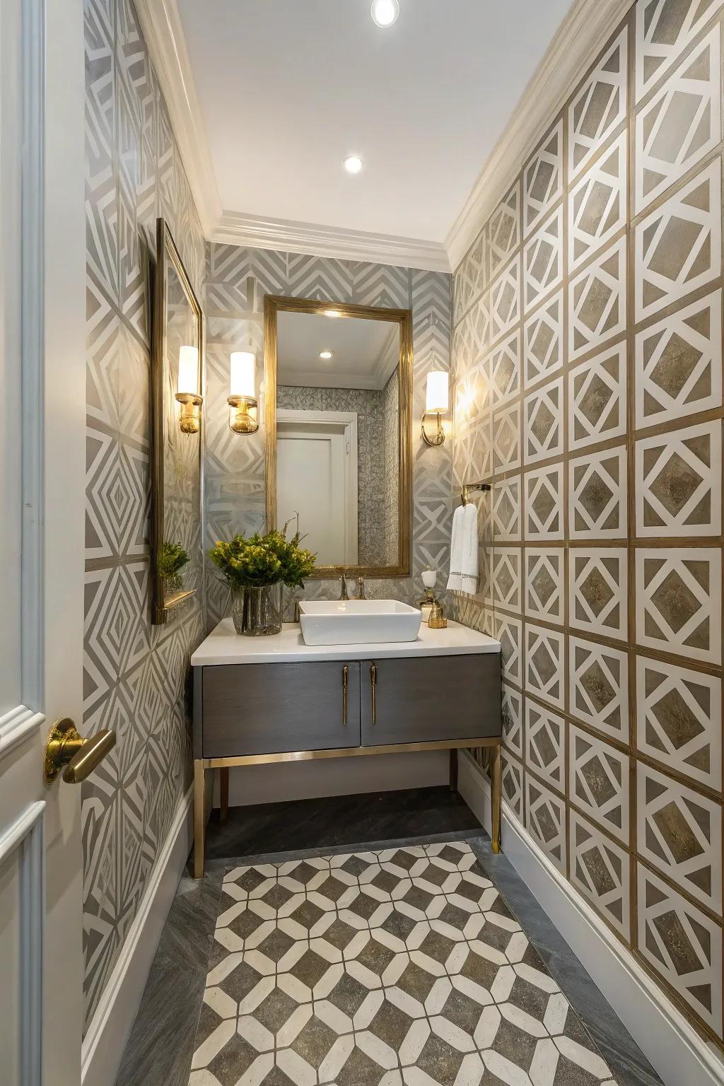 A powder room showcasing up-to-date symmetrical patterns.