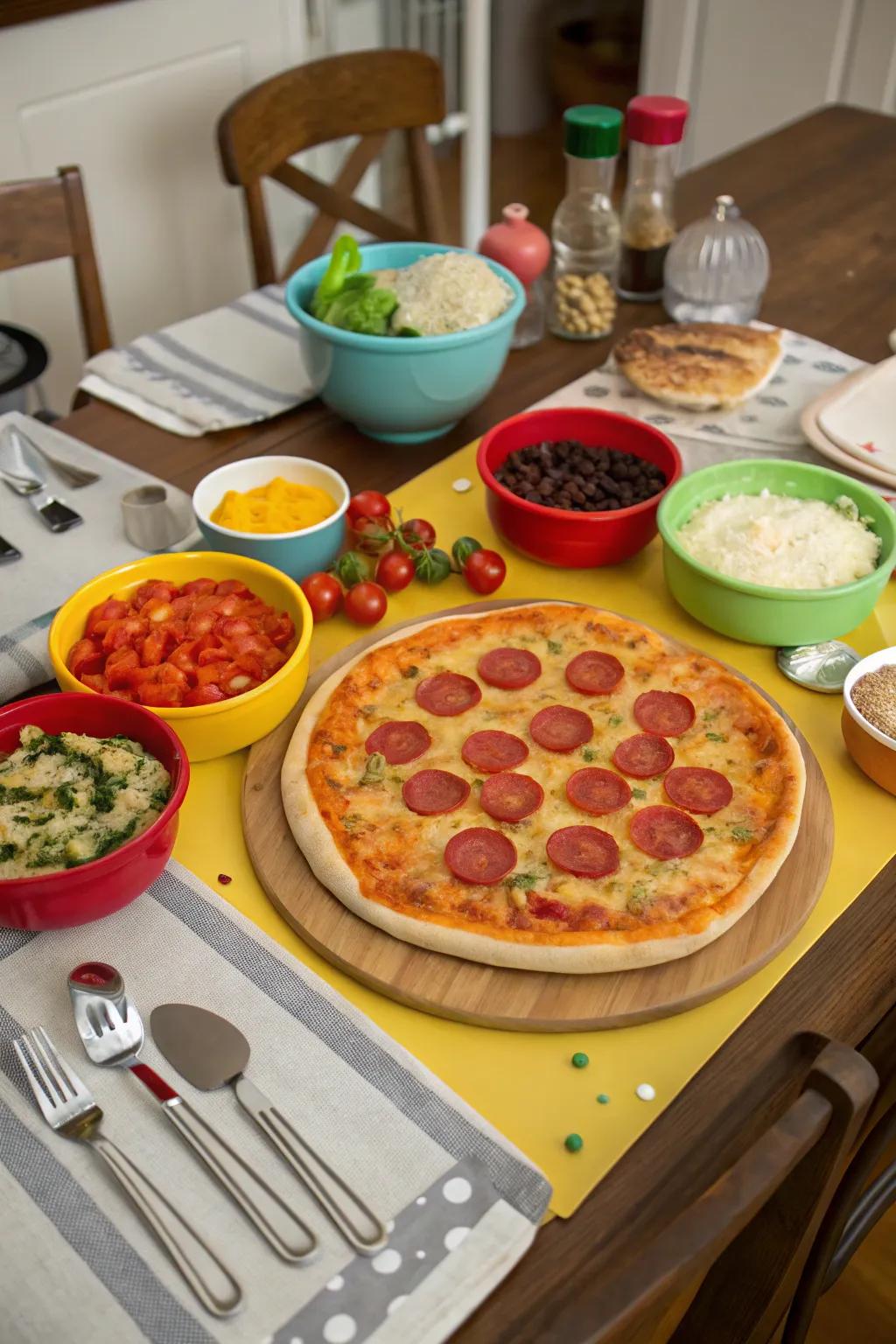 A dining table where guests can make their own pizzas, with many toppings and freshly baked pies.