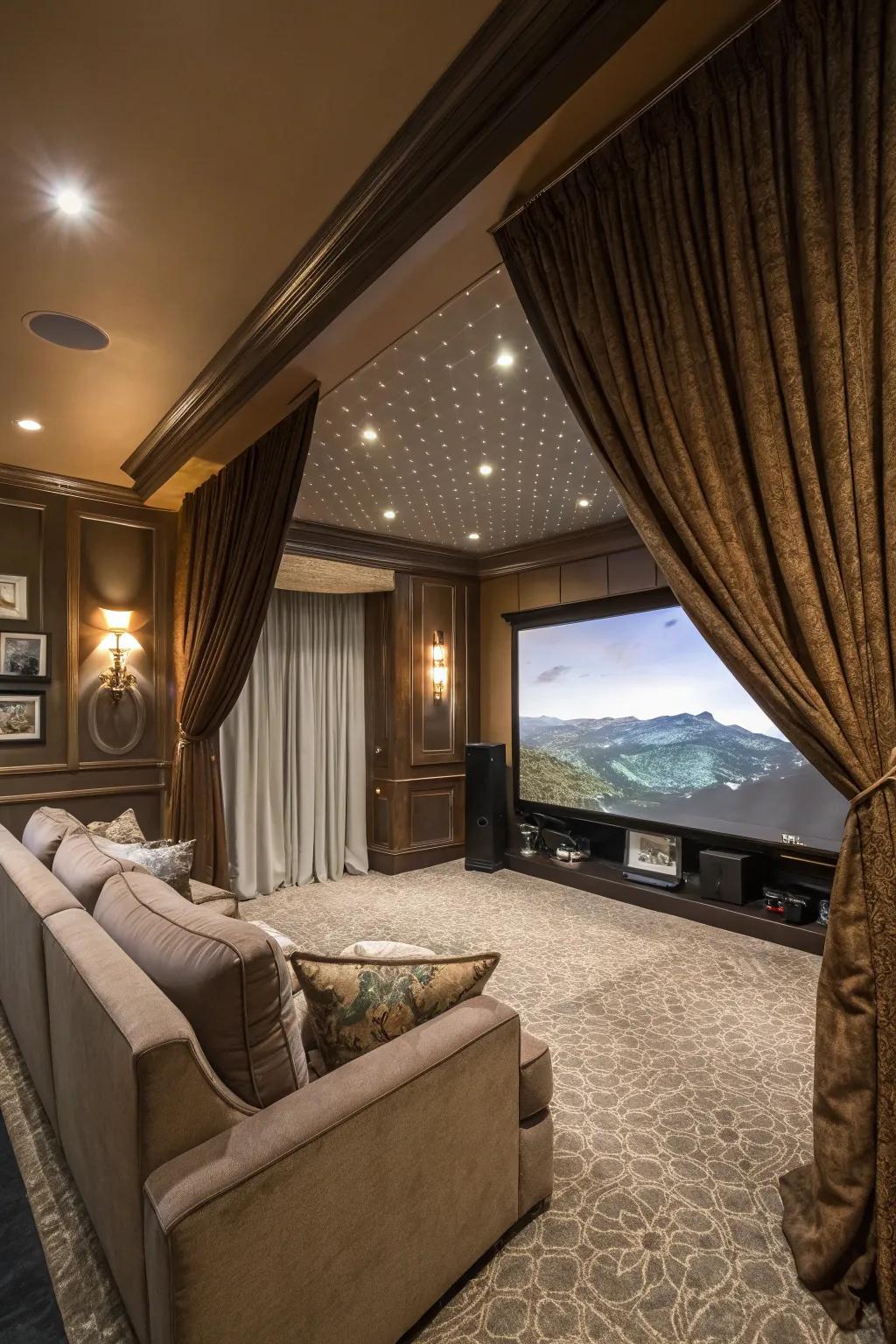 Drapes add elegance and improve light control in your projector room.