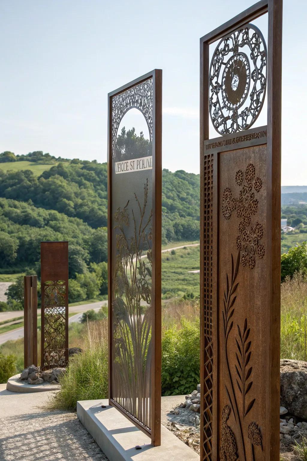 Intricately patterned metal panels fashioning an artistic property border.