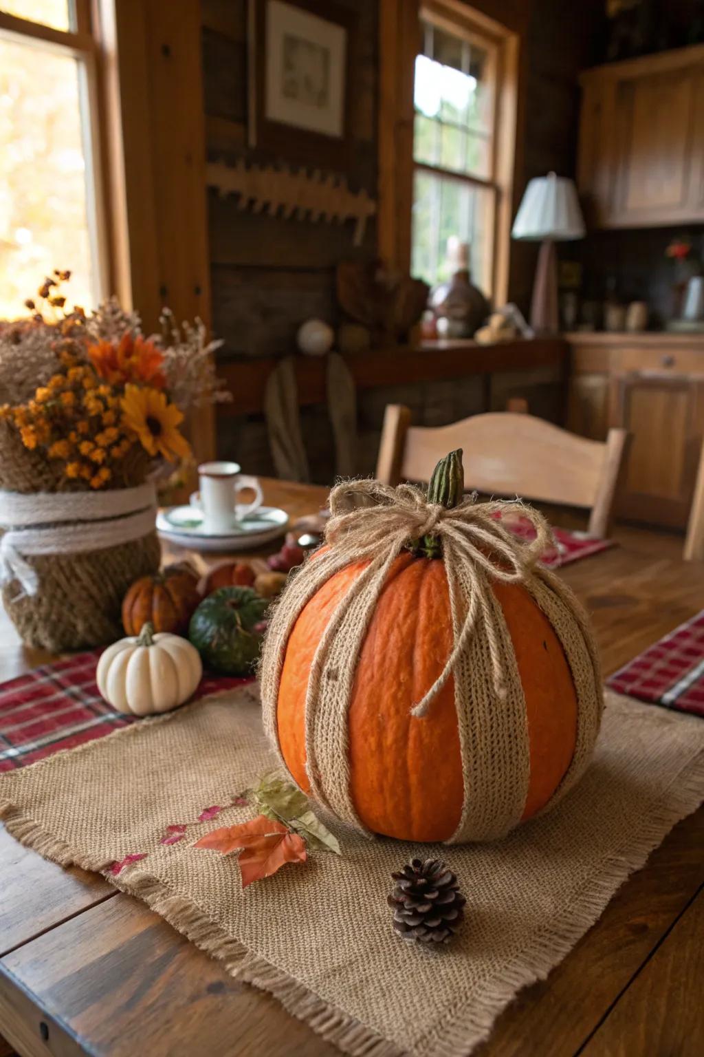 An unrefined homestead pumpkin contributing charm to rural-style ornamentation.