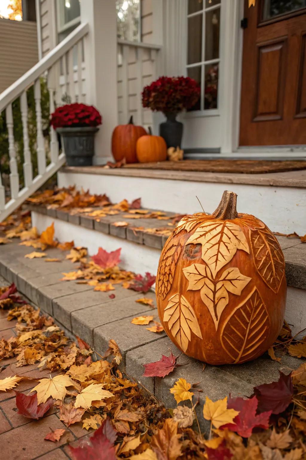 Seasonal leaf-patterned pumpkin portraying the essence of autumn.