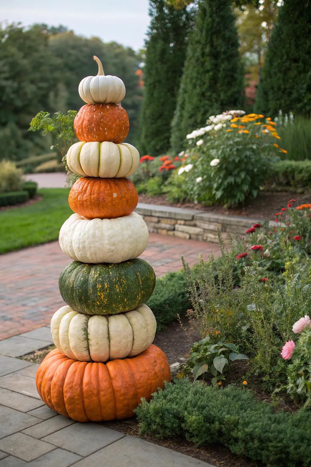 A sophisticated pumpkin topiary gracing the garden.