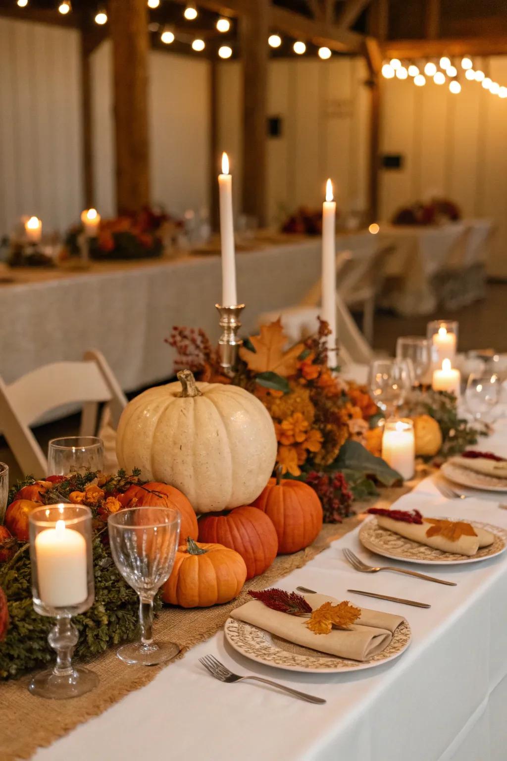 A beautifully decorated head table with gourd highlights.