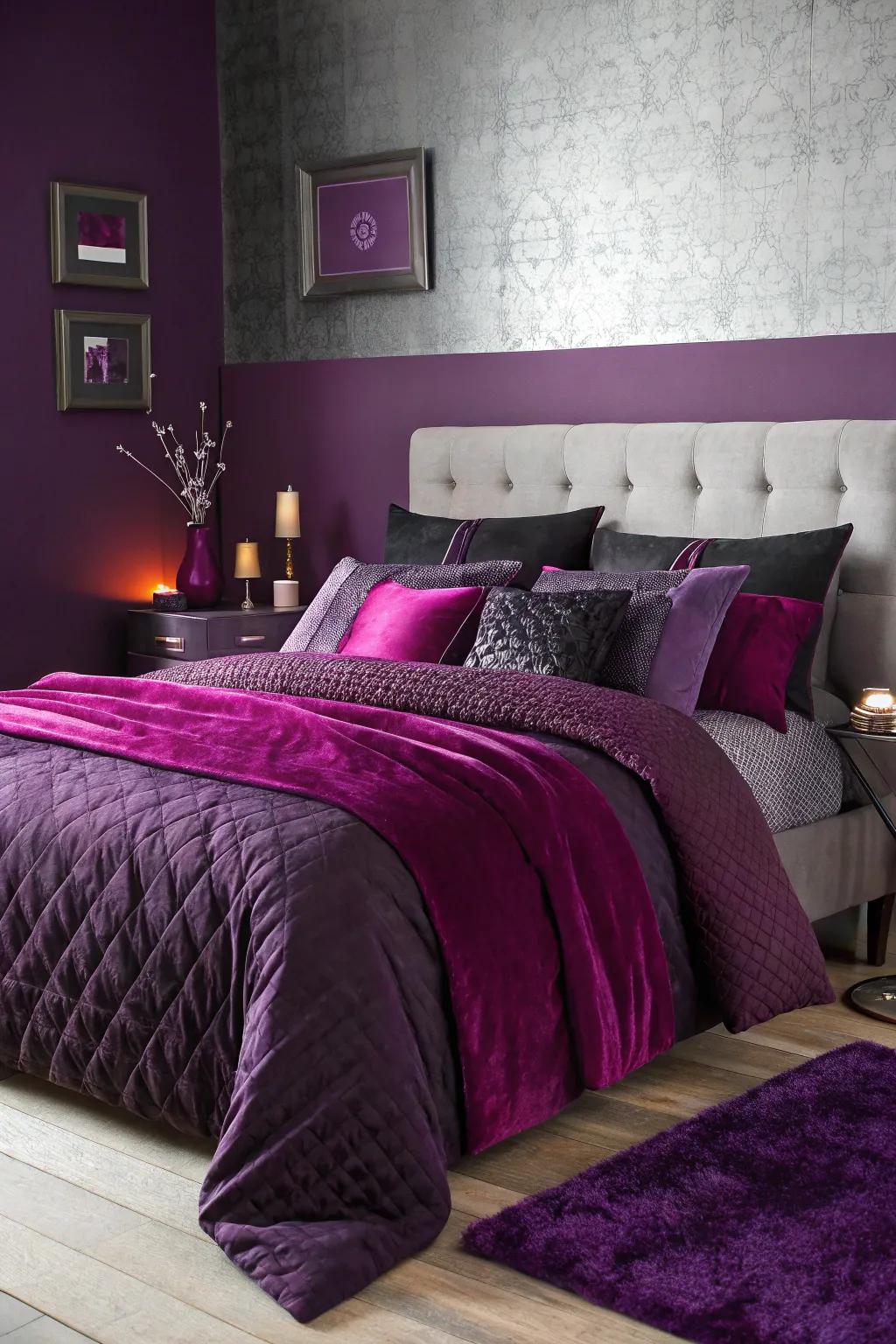 Varied bedding in violet and ash adds depth and a luxurious detail to your bedroom.