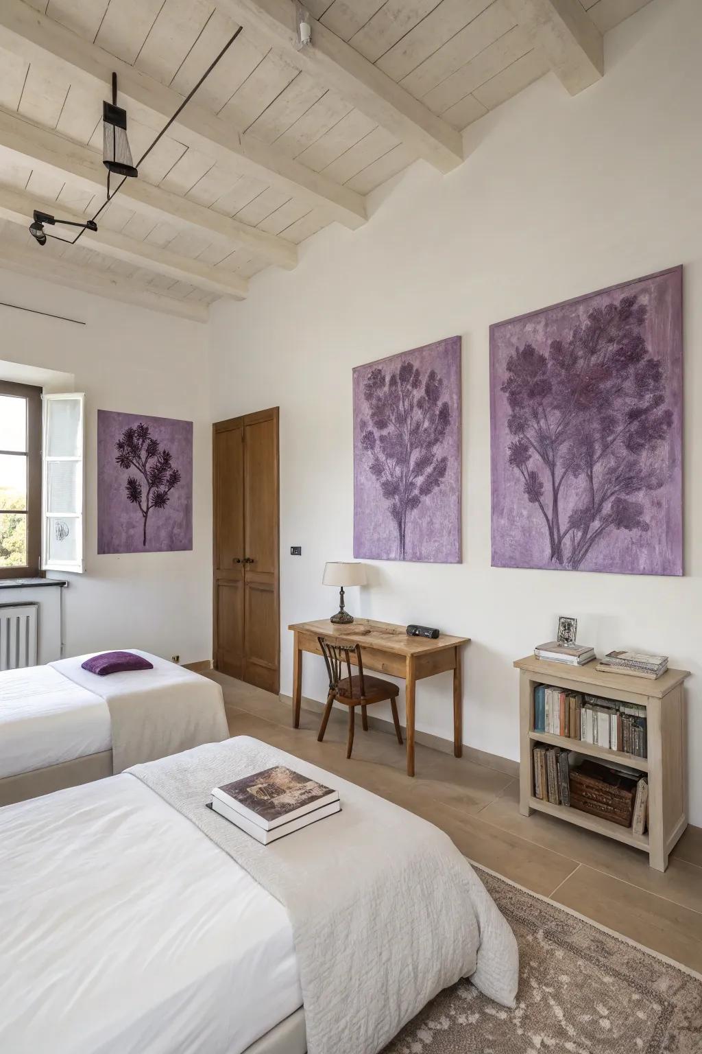 Violet art pieces serve as breathtaking center points.